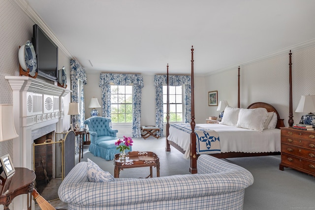 8 Bayberry Hl, Roxbury, CT 06783 - bedroom featuring crown molding, wallpapered walls, carpet floors, and a high end fireplace