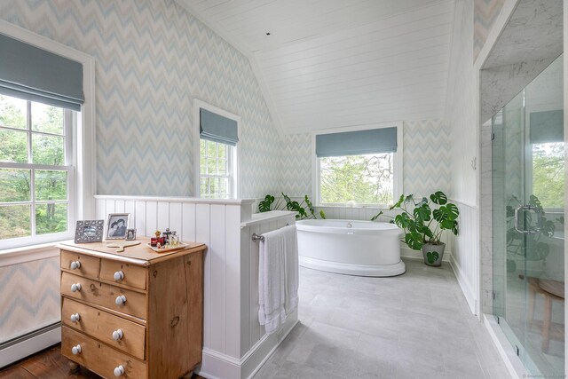 8 Bayberry Hl, Roxbury, CT 06783 - bathroom with wallpapered walls, baseboard heating, vanity, a freestanding tub, and a stall shower