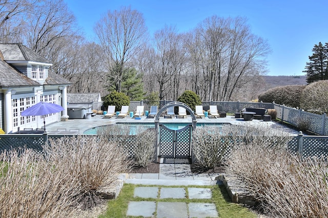17 Wardwell Dr, New Canaan, CT 06840 - view of swimming pool with a fenced backyard, a patio, and an outdoor living space