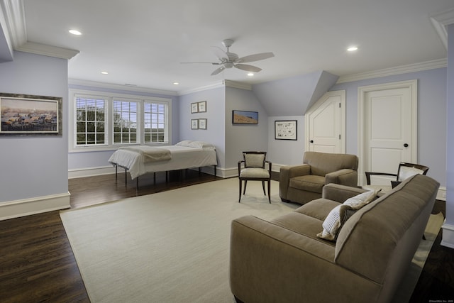 17 Wardwell Dr, New Canaan, CT 06840 - bedroom featuring crown molding, wood finished floors, baseboards, recessed lighting, and ceiling fan