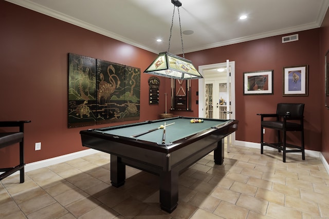 17 Wardwell Dr, New Canaan, CT 06840 - playroom featuring baseboards, billiards table, recessed lighting, french doors, and crown molding