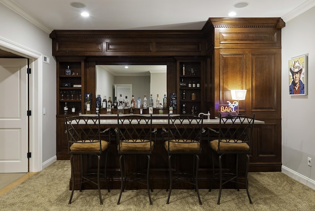 17 Wardwell Dr, New Canaan, CT 06840 - indoor bar with ornamental molding, light carpet, baseboards, and recessed lighting