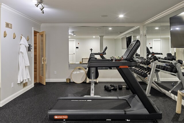 17 Wardwell Dr, New Canaan, CT 06840 - exercise area with crown molding, baseboards, and recessed lighting