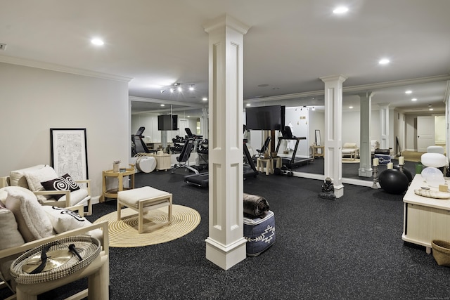 17 Wardwell Dr, New Canaan, CT 06840 - gym with decorative columns, crown molding, and recessed lighting