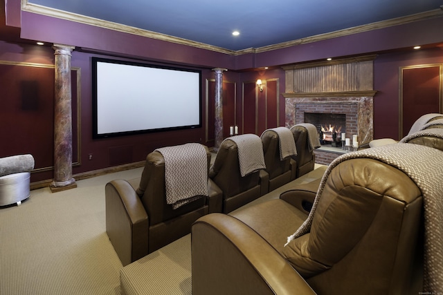 17 Wardwell Dr, New Canaan, CT 06840 - cinema room featuring ornate columns, carpet flooring, a fireplace, crown molding, and recessed lighting