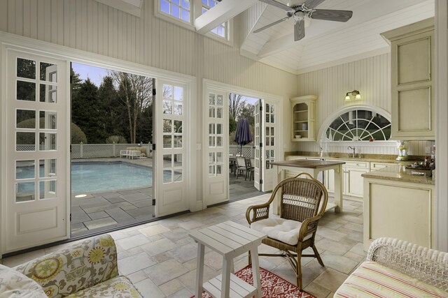 17 Wardwell Dr, New Canaan, CT 06840 - sunroom featuring a sink and beam ceiling