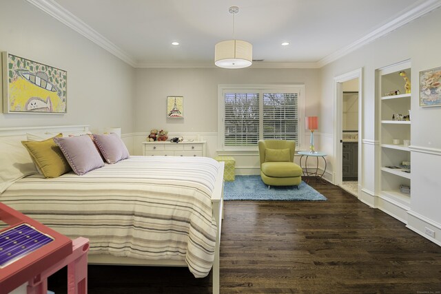 17 Wardwell Dr, New Canaan, CT 06840 - bedroom with crown molding, wood finished floors, recessed lighting, wainscoting, and ensuite bath