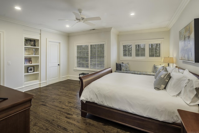 17 Wardwell Dr, New Canaan, CT 06840 - bedroom with dark wood finished floors, recessed lighting, crown molding, ceiling fan, and baseboards