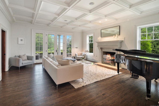 17 Wardwell Dr, New Canaan, CT 06840 - living room featuring dark wood-type flooring, a fireplace with flush hearth, coffered ceiling, beam ceiling, and recessed lighting