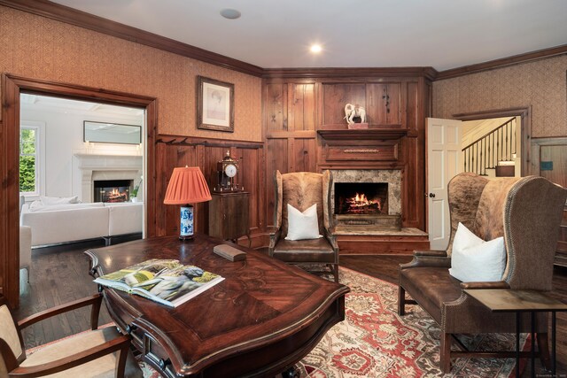 17 Wardwell Dr, New Canaan, CT 06840 - office space featuring a fireplace, wallpapered walls, wood finished floors, and ornamental molding