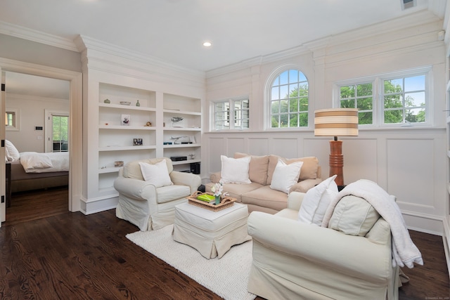 17 Wardwell Dr, New Canaan, CT 06840 - living area with crown molding, dark wood-type flooring, built in features, and recessed lighting