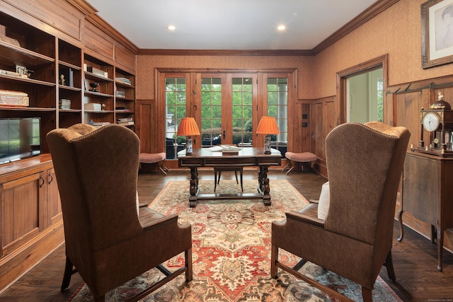 17 Wardwell Dr, New Canaan, CT 06840 - office space featuring crown molding, plenty of natural light, a wainscoted wall, wood finished floors, and wallpapered walls