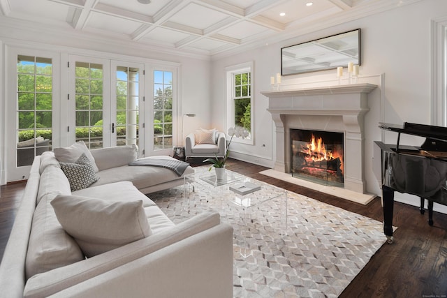 17 Wardwell Dr, New Canaan, CT 06840 - living area with french doors, dark wood-style floors, a fireplace, beamed ceiling, and coffered ceiling