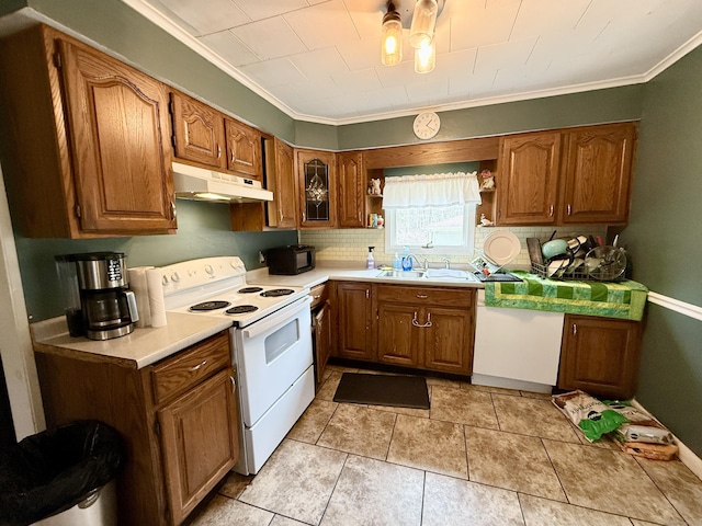 44 Red Bridge Rd, Thompson, CT 06255 - kitchen featuring electric range, under cabinet range hood, a sink, black microwave, and open shelves