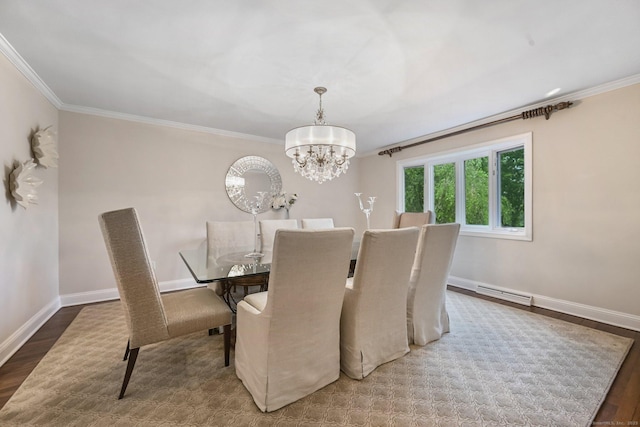 dining room featuring crown molding, a chandelier, wood finished floors, baseboards, and a baseboard radiator