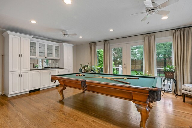 playroom featuring a ceiling fan, pool table, recessed lighting, light wood-style floors, and french doors