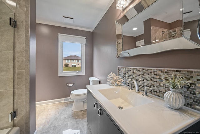 bathroom featuring ornamental molding, a shower stall, baseboards, decorative backsplash, and toilet