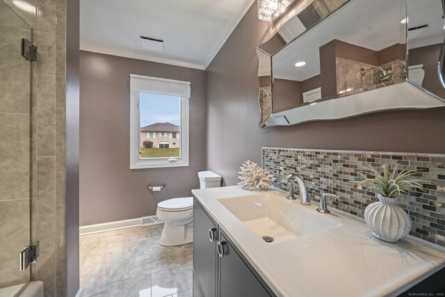 1 Braybourne Dr, Norwalk, CT 06855 - full bath with crown molding, vanity, a shower stall, and backsplash