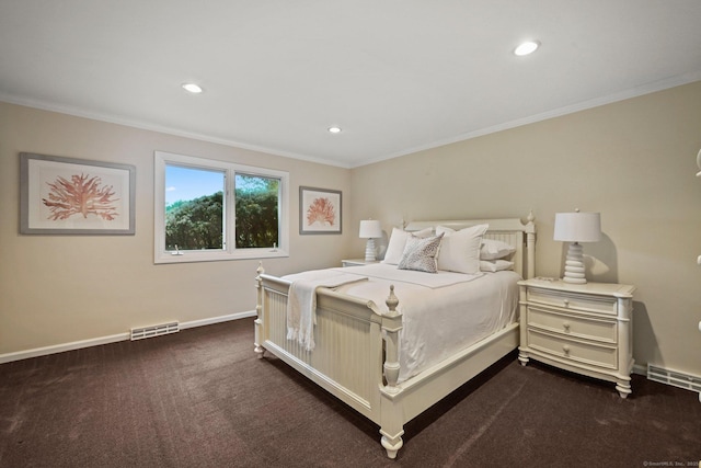 bedroom with ornamental molding, dark carpet, baseboards, and recessed lighting