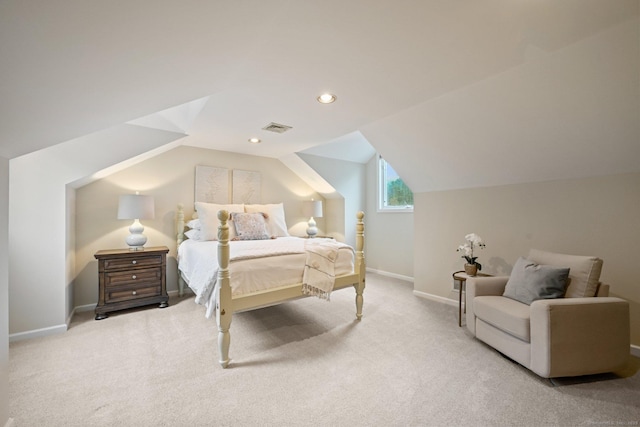 bedroom with carpet floors, baseboards, lofted ceiling, and recessed lighting