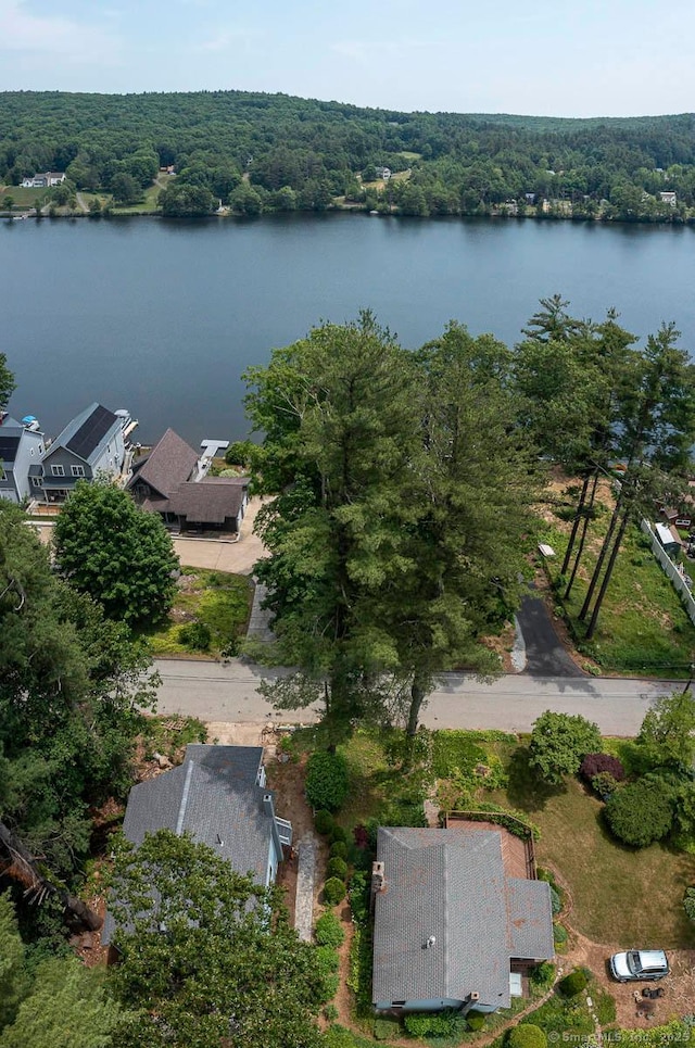 bird's eye view featuring a wooded view and a water view