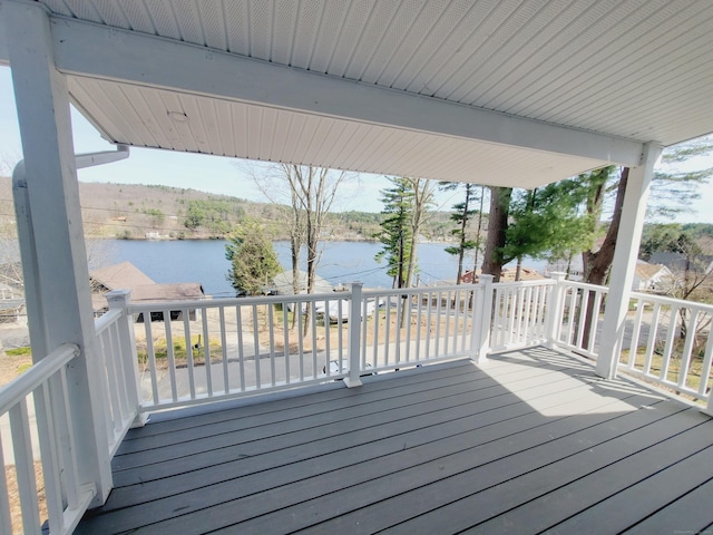 deck featuring a water view