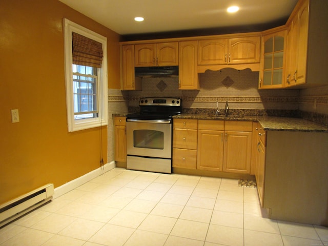 164 Flanders St, Bridgeport, CT 06604 - kitchen with stainless steel electric range oven, baseboard heating, backsplash, under cabinet range hood, and glass insert cabinets