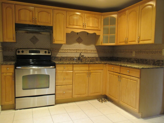 164 Flanders St, Bridgeport, CT 06604 - kitchen featuring stainless steel range with electric cooktop, under cabinet range hood, a sink, tasteful backsplash, and glass insert cabinets