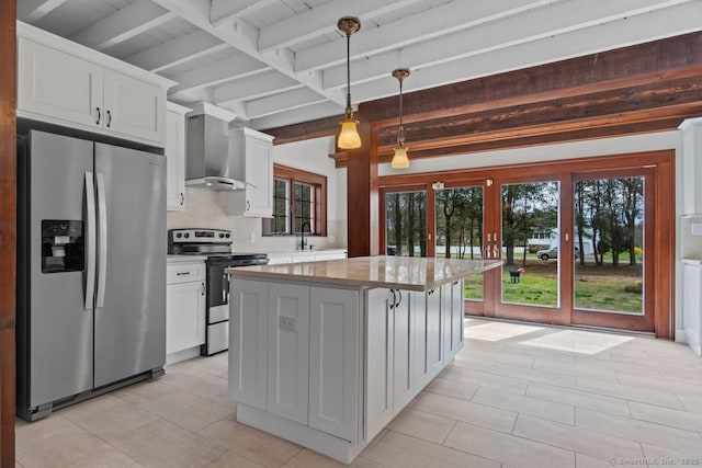 280 Mill Rd, North Haven, CT 06473 - kitchen with stainless steel appliances, beam ceiling, wall chimney exhaust hood, decorative backsplash, and white cabinets