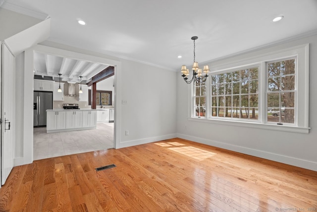 280 Mill Rd, North Haven, CT 06473 - unfurnished dining area featuring a chandelier, baseboards, light wood-style flooring, ornamental molding, and recessed lighting