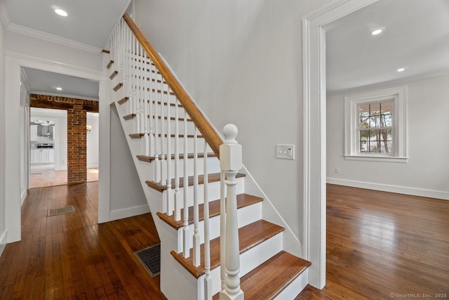 280 Mill Rd, North Haven, CT 06473 - stairway with hardwood / wood-style floors, ornamental molding, baseboards, and recessed lighting