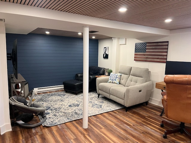 90 Bentwood Rd, West Hartford, CT 06107 - living room with visible vents, baseboards, wood finished floors, and baseboard heating
