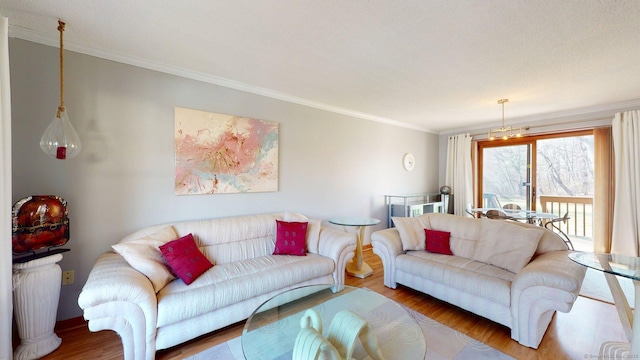 living area featuring ornamental molding and wood finished floors