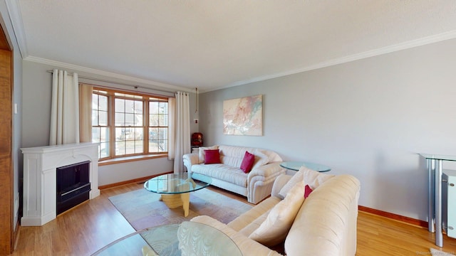 living room featuring crown molding, baseboards, and light wood-type flooring