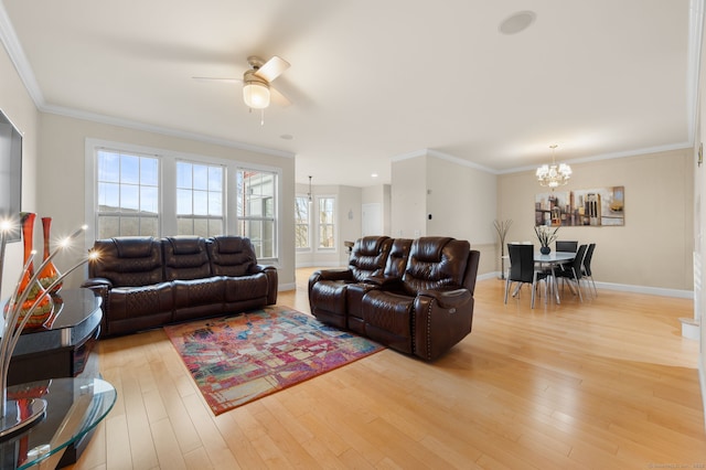 19 Mill Rd Unit 19, Danbury, CT 06810 - living area with baseboards, ornamental molding, light wood-style floors, and ceiling fan with notable chandelier