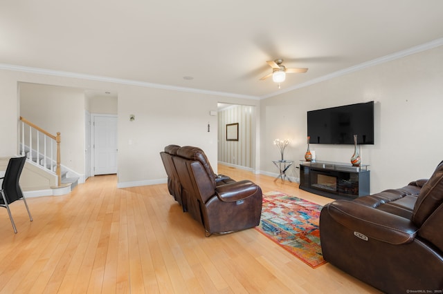 19 Mill Rd Unit 19, Danbury, CT 06810 - living room with light wood-type flooring, stairway, a ceiling fan, and ornamental molding