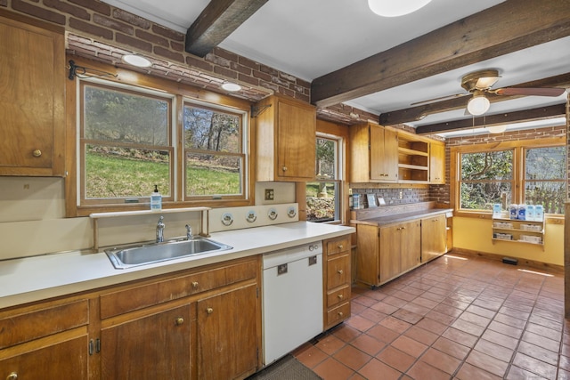 200 New Canaan Ave, Norwalk, CT 06850 - kitchen with light countertops, dishwasher, a ceiling fan, a sink, and beam ceiling