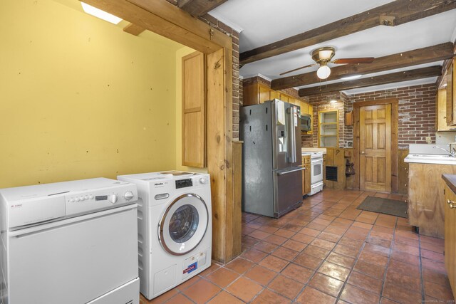 200 New Canaan Ave, Norwalk, CT 06850 - washroom with washer and dryer, a ceiling fan, brick wall, and laundry area
