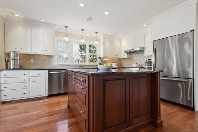 kitchen with white cabinetry, appliances with stainless steel finishes, and under cabinet range hood