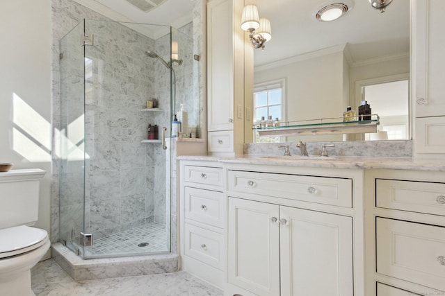 bathroom with ornamental molding, toilet, vanity, marble finish floor, and a stall shower