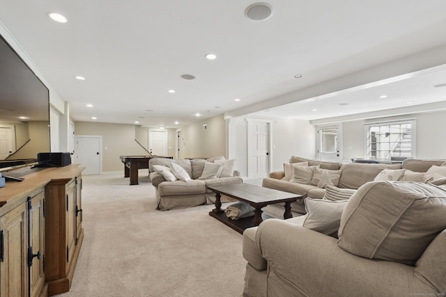 living area with light carpet, recessed lighting, baseboards, and pool table
