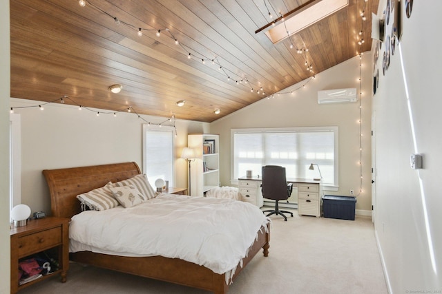 bedroom with vaulted ceiling with skylight, light colored carpet, wood ceiling, a wall mounted AC, and baseboards