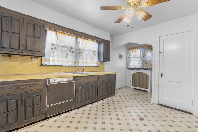 90 Culloden Rd, Stamford, CT 06902 - kitchen with a sink, dishwasher, ceiling fan, light countertops, and dark brown cabinets