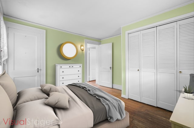 90 Culloden Rd, Stamford, CT 06902 - bedroom with baseboards, a closet, dark wood finished floors, and crown molding