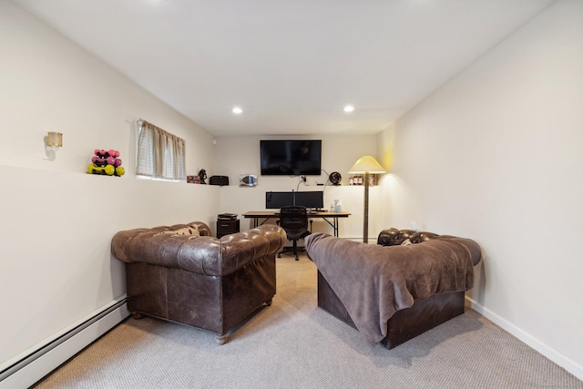 living room with a baseboard radiator, baseboards, light colored carpet, and recessed lighting