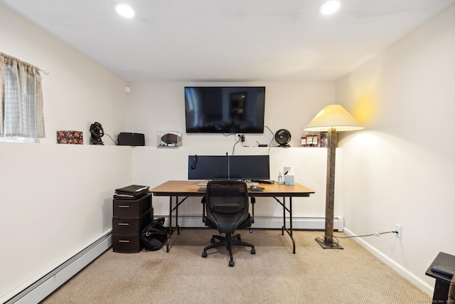 carpeted home office featuring a baseboard heating unit, baseboards, recessed lighting, and a baseboard radiator