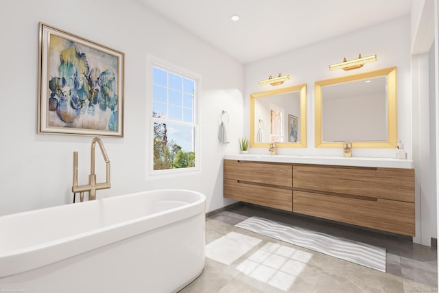 47 Lucey Ave, West Haven, CT 06516 - full bathroom featuring double vanity, tile patterned floors, baseboards, a soaking tub, and recessed lighting