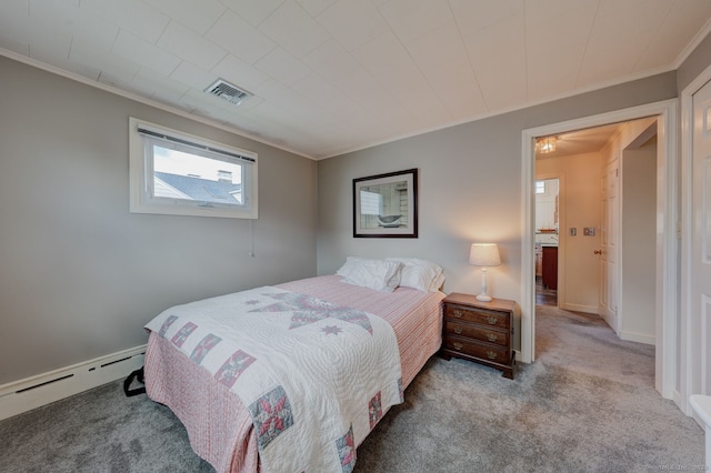 carpeted bedroom featuring ornamental molding, a baseboard heating unit, and visible vents