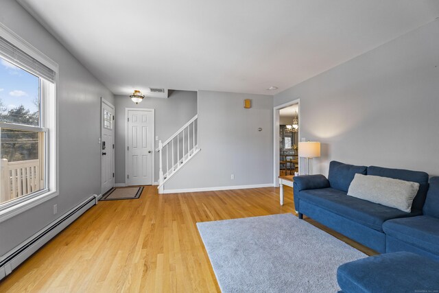 5 Ridge Ln, Shelton, CT 06484 - living room with visible vents, baseboards, stairway, a baseboard radiator, and light wood-style flooring