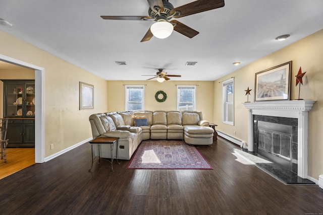 5 Ridge Ln, Shelton, CT 06484 - living room with a ceiling fan, visible vents, wood finished floors, and a baseboard radiator